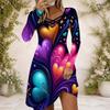 Women Cross V Neck Long Sleeve Dress Red Blue Geometric Abstract Print Irregular Hem Dress