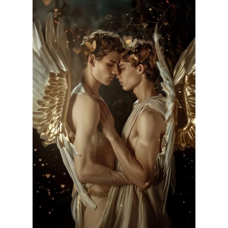 Two European Boys Wearing Wings Poster Handsome Gay Boy Love Prints Canvas Painting for Wall Art Living Room Home Decor Mural