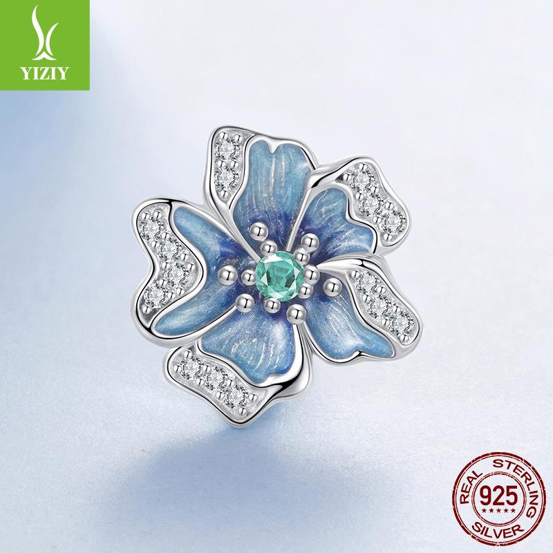 

S925 Стерлинговое серебро Синие цветы Силиконовые фиксирующие бусины, Весенние цветы DIY Аксессуары для браслета из бусин