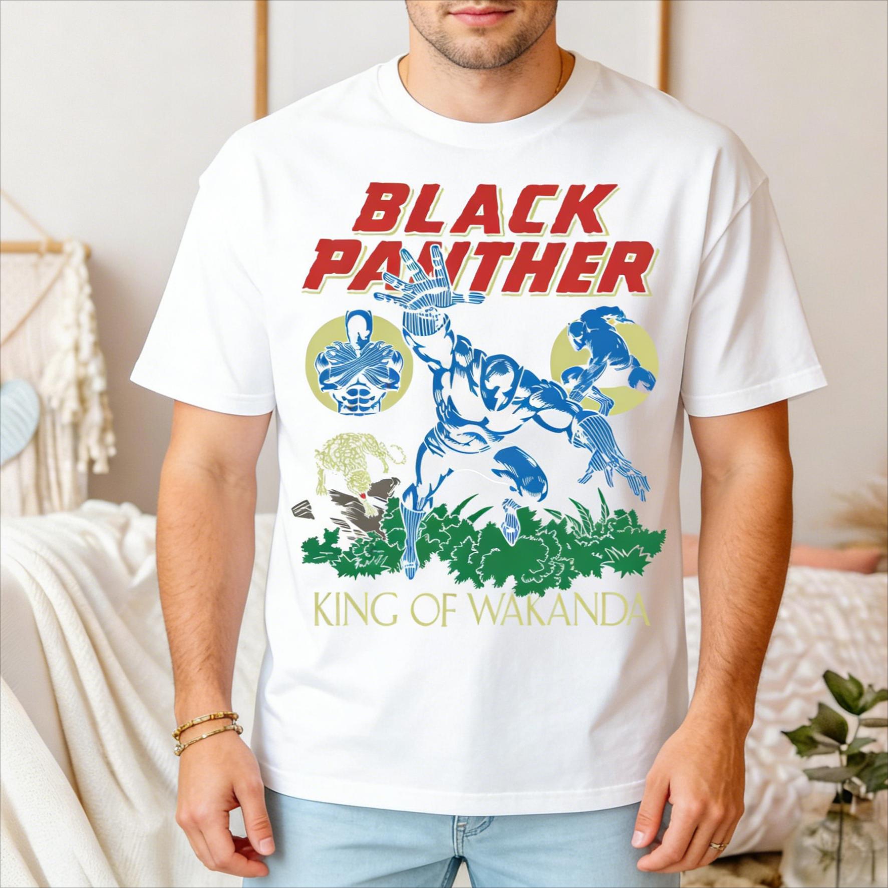 ZX Vintage Black Panther Tshirt King of Wakanda Graphic Tee Men Cotton Retro Marvel Superhero Print Tshirt Summer Casual Soft Tops S