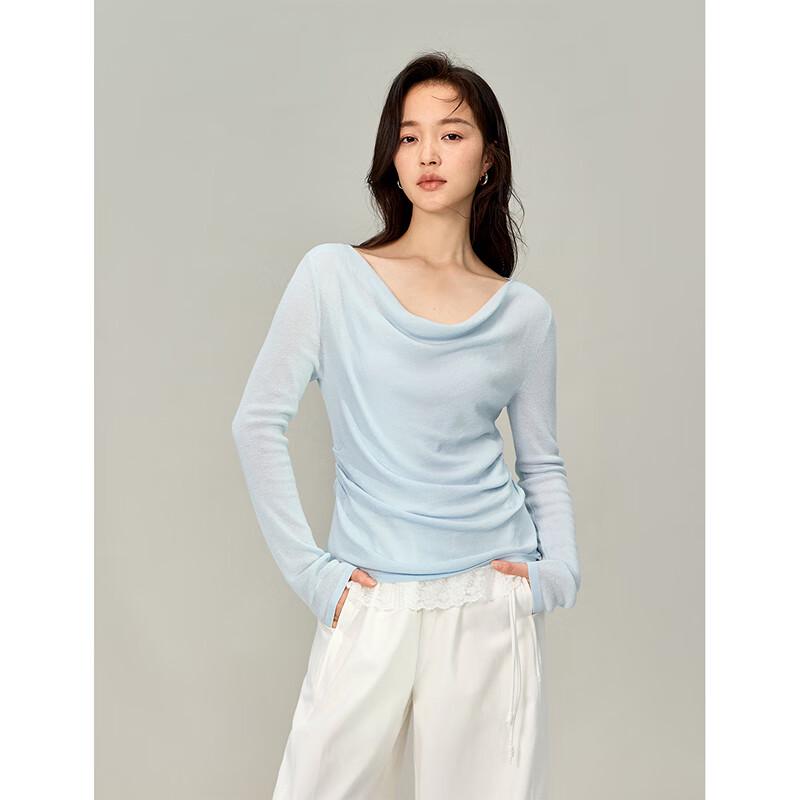 INMAN Lace Patchwork Drape Neck Long Sleeve Knit Top