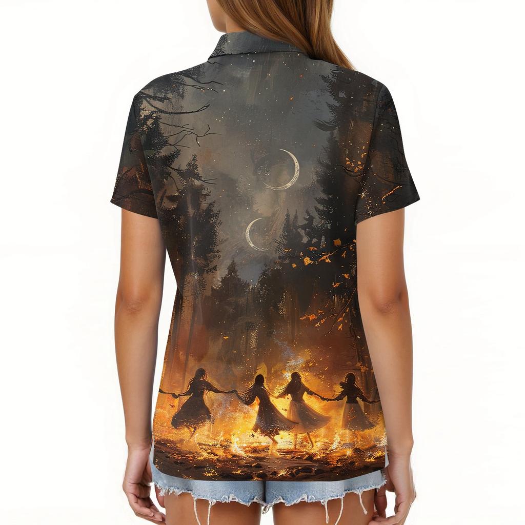 Dámská móda Ležérní klopa Krátký rukáv Halloweenský potisk Košile Dámské zapínací topy