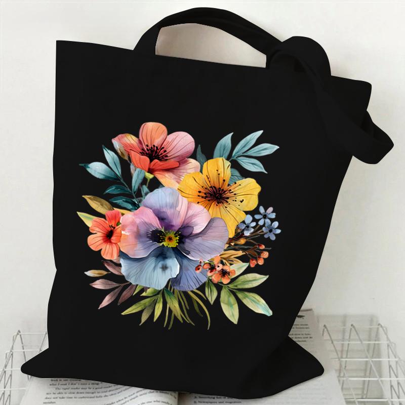 Elegant Wildflowers Aesthetic Canvas Handbag Reusable Floral Shopping Tote Bag for Women