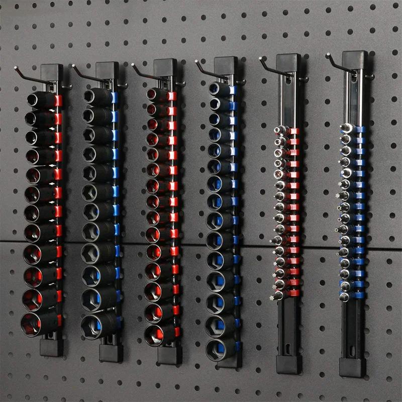 ABS Socket Organizer 1/2 Inch 3/8 Inch and 1/4 Clip Drive Socket Rail Holders Heavy Duty Socket Racks  with Red Blue Black Clips