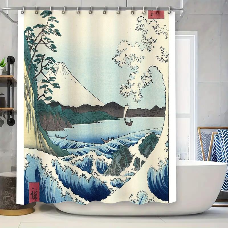 

Japanese Wave Art Shower Curtain Mount Fuji Ocean Landscape Tapestry Home Decor Bathroom Hanging Pictures 90x180cm
