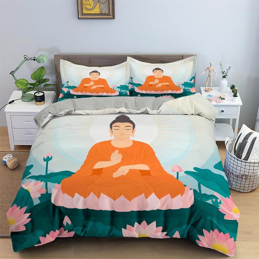 Ensemble de housse de couette Bouddha, Ensemble de literie motif statues de Bouddha de méditation, Ultra-doux (1*Housse de couette + 1/2*Taies d'oreiller, Sans garnissage) UK Single 135x200cm gray