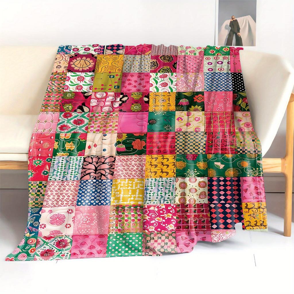 Bright Patchwork Flannel Blanket - Soft and Cozy Throw with Floral and Geometric Patterns for Bed, Sofa, Office, Camping - Mid-c
