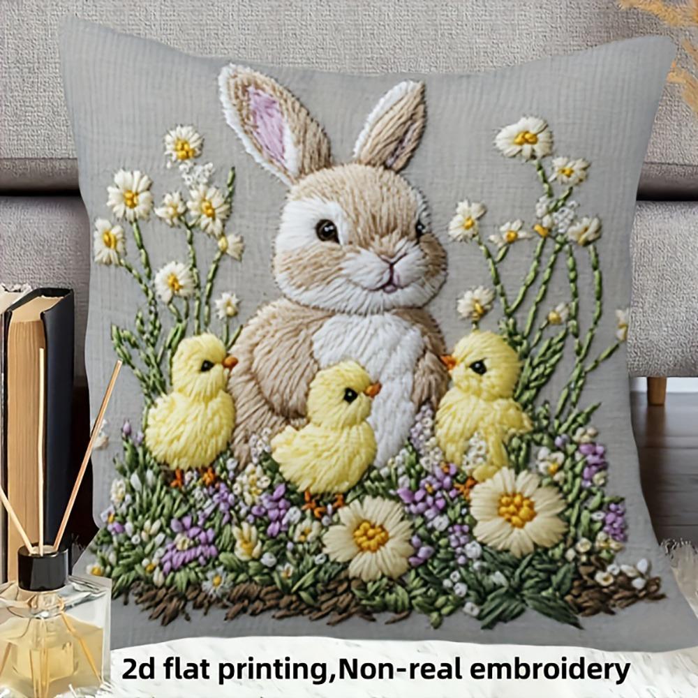 1pc Easter Bunny and Chick Pillowcase, Super Cute 2D Print