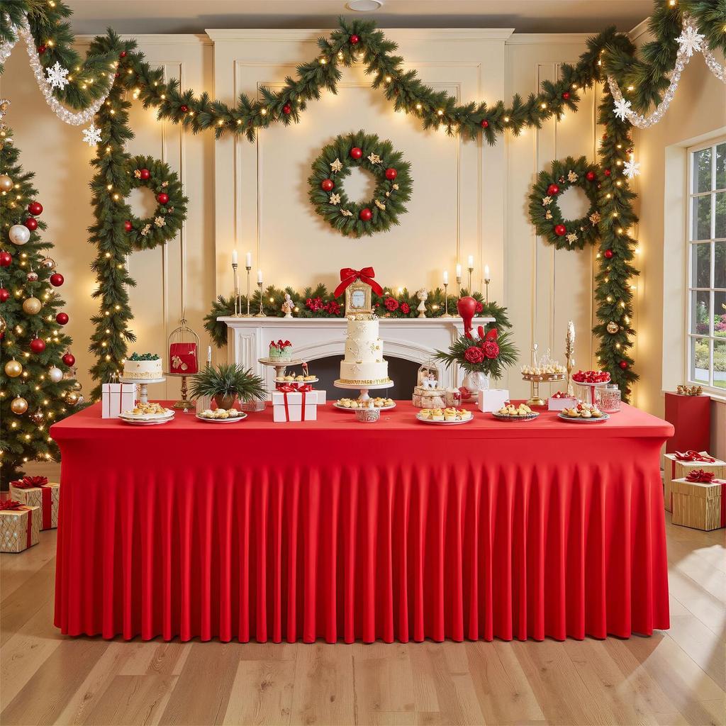 Christmas Table Skirt 6ft Rectangle Red Table Cloth Skirt For Wedding Water-Resistant Festive Tablecloths For Events Buffet