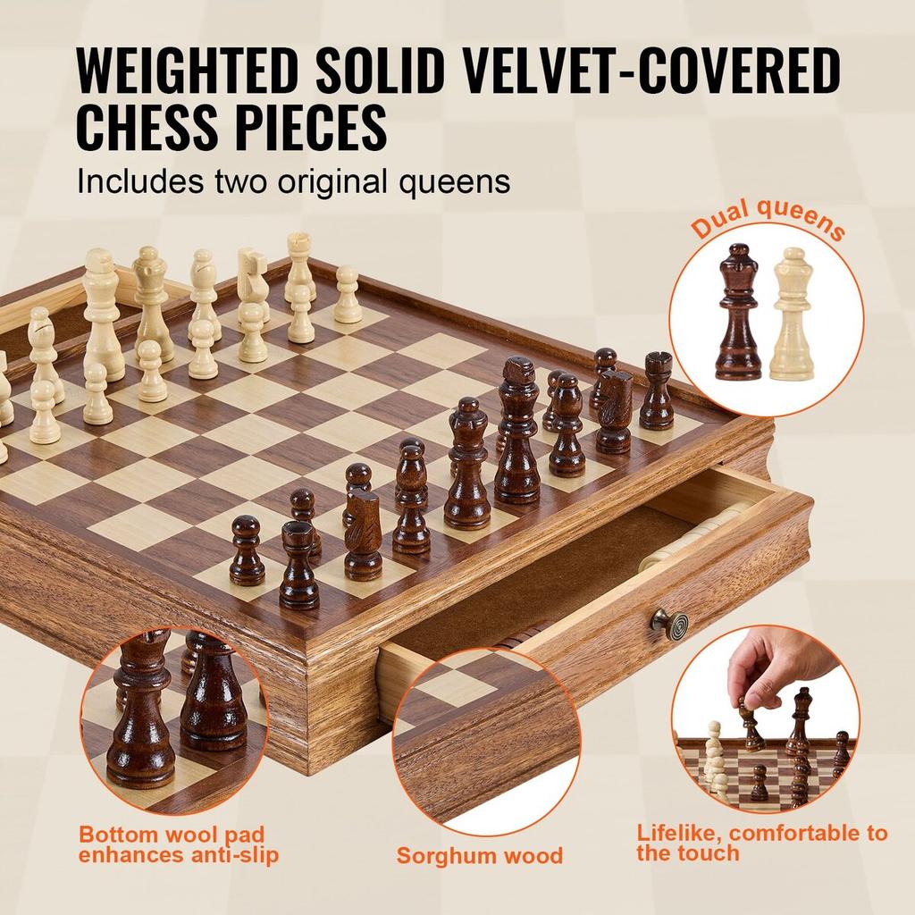 Solid Wood Chess Set, 15 Inch 2-IN-1 Chess Checkers Game Set, Chess Board Games with Storage Drawer & Weighted Chess Checkers Pieces & 2 Queens, for