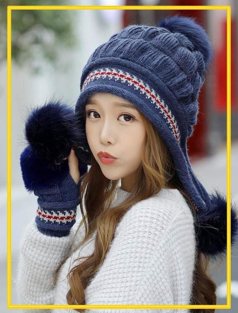 Knit Cable Pom Knit Winter Cold Weather Snow Warm Knit Hat [Gergeous] Women's Hat, Knit, Pom, Gloves, Cap, Wear, Protection, Play, (FREESIZE Navy)