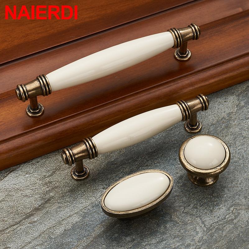 NAIERDI Zinc Alloy Antique Bronze Ceramic White Cabinet Handles Drawer Knobs Wardrobe Door Handle European Furniture Hardware