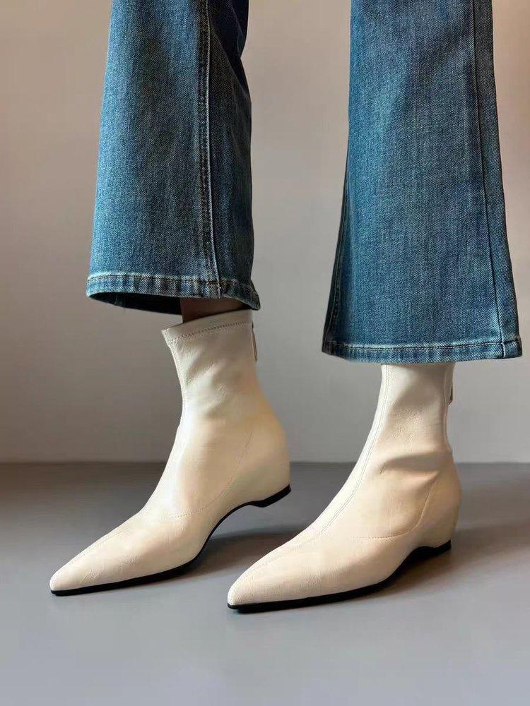 Soft Leather Version~ French Temperament Rear Zipper Inner Height Increase Pointed Short Boots Women's Simple Commuting Versatile Elastic Thin Boots