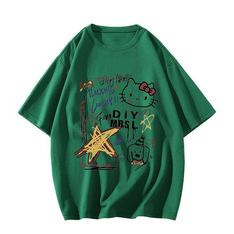 Cotton White Short-sleeved T-shirt Women's New HelloKitty Graffiti American Loose Fat MM Half-sleeved Top