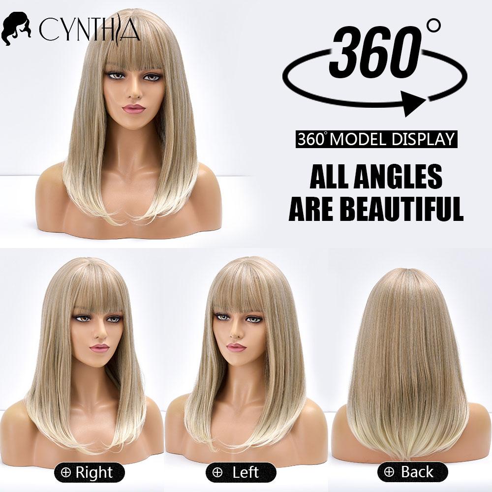 Blonde Ombre Long Straight Gold Synthetic Wig With Bangs For Black White Women Heat Resistant Fiber Daily Hair Cosplay Wigs