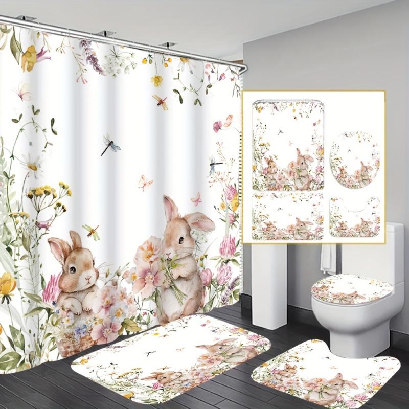 Rabbit Flower Shower Curtain Set With 12 Free Hooks: Includes Waterproof Curtain, Non-Slip Bath Mat, Toilet Seat Cover, Bath Rug