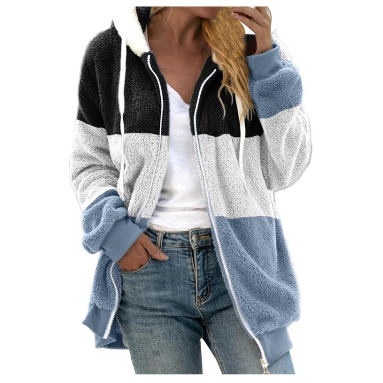 Women's Hooded Large Zip Jacket Loose Multicolor Paneled Plush Size