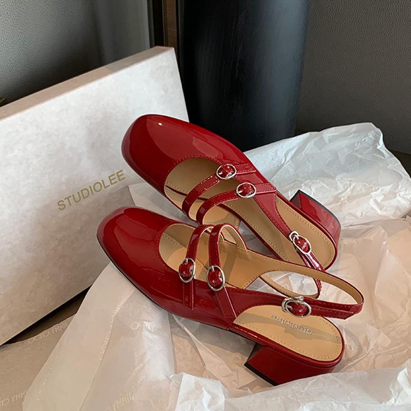 2025 summer new rear empty bag head sandals French retro square head shallow mouth double breasted Mary Jane sandals