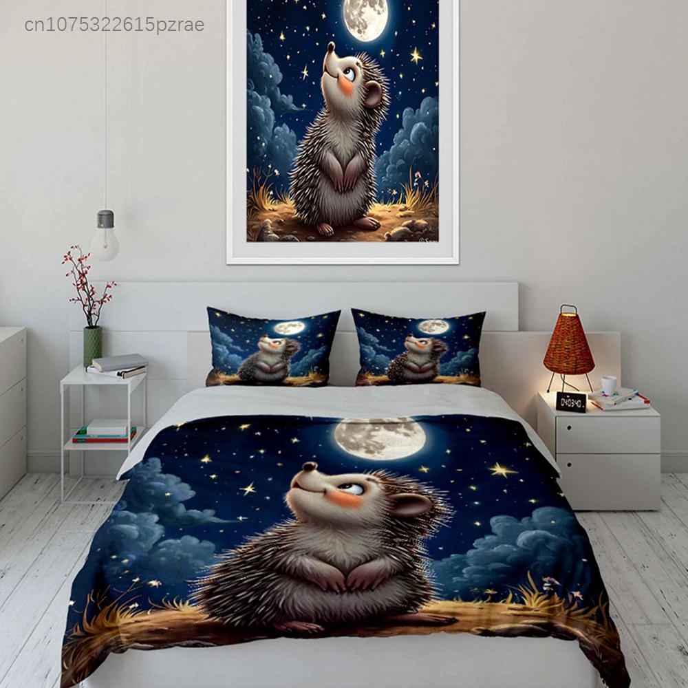 Hedgehog Night Sky Decor Set Multiple Sizes kid's And adults' Bedroom Exquisite 3PC Bedding set, Gift