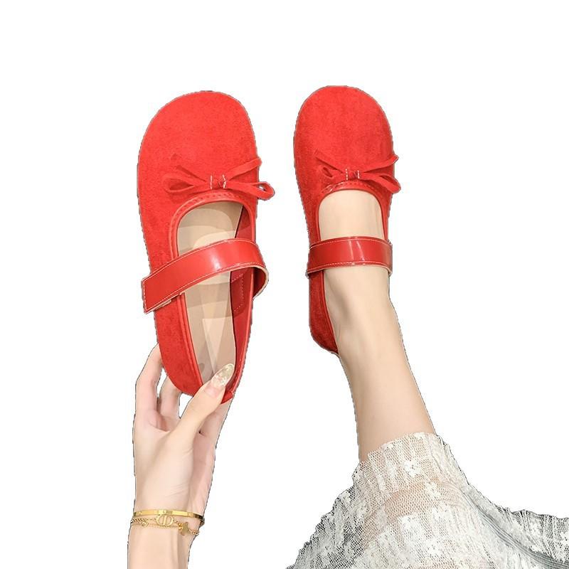 Bow single shoes women's spring and autumn new flat Mary Jane shoes Velcro beanie shoes women