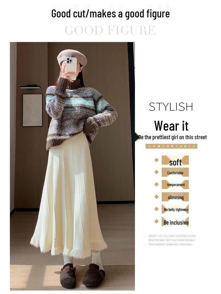 Women's High-Waisted Woolen Tassel Knitted A-Line Midi Skirt for Autumn and Winter