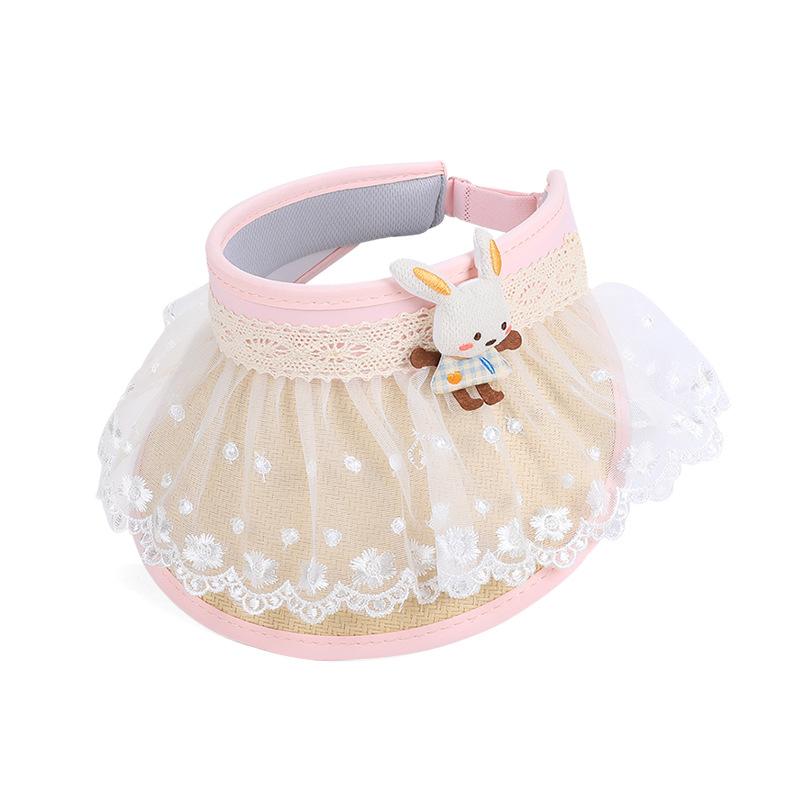 

1pc Kids Beach Straw Visor Hat Wide Brim Cute Cartoon Breathable Girls Travel Beach Sun Hat For Summer Vacation One Size розовый