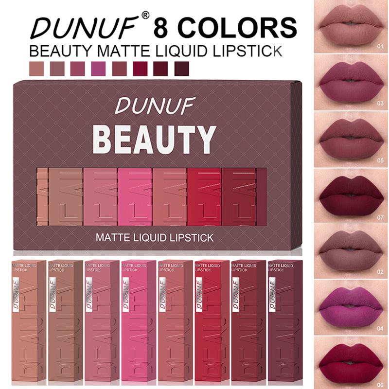 8 stuks/doos Mat Fluweel Lippenstift Set Makkelijk Vierkante Tube Lipgloss Kit Waterdicht Opvullende Donkerrode Bruine Lip Tint Make-up brown