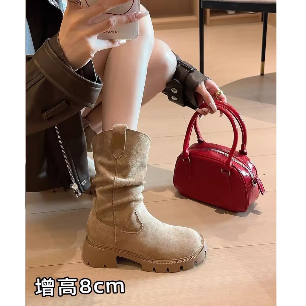 Inner heightening Martin boots women's 2025 new spring, summer and autumn V-mouth suede small man wrinkled pile short boots
