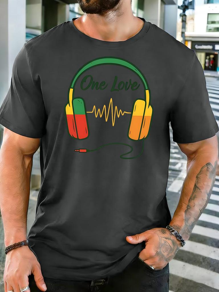Unisex One Love Headphone Music Wave Retro Graphic Cotton Short Sleeve Tee Crew Neck Soft Male Summer Casual Breathable Street Top