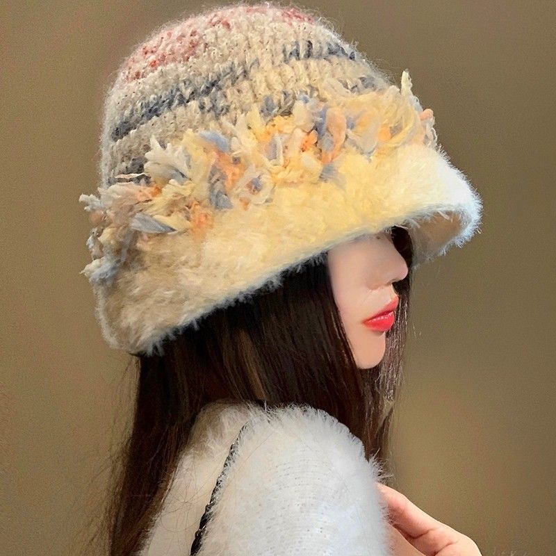 Plush Knitted Bucket Hat Women's Autumn and Winter Bucket Hat Warm and Cold Ear Protection Plush Hat