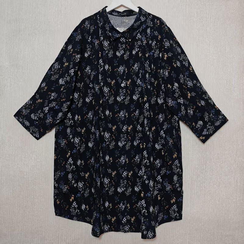 Export Japanese Single Tail Goods Rayon Print Happy Mid Length Long Length Shirt Women's Organ Pleated Loose Casual Customer Supply Fabric Summer