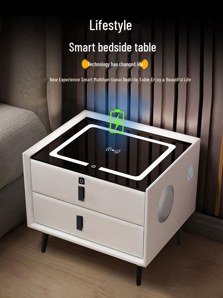 Smart Minimalist Bedside Table: Dual Drawers, Wireless Charging, Light, Bluetooth Speaker