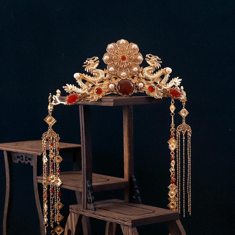 

Женский винтажный позолоченный двойной дракон с длинной кисточкой заколка для волос китайский головной убор ханьфу