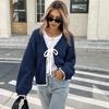 Womens Long Sleeve Knit Cardigan Contrast Trim Tie Front V Neck Sweater Fall