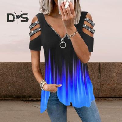 Women Summer T Shirt Hollow Out Shoulder Rhinestone Decor Short Sleeves Plus Size Loose Hem V Neck Gradient Contrast Color Lady Blouse