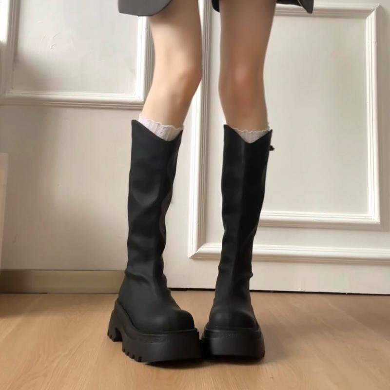 2025 Damen Overknee Langstiefel Dicke Sohle Ritterstil Herbst Winter Neu Wind Dicker Absatz Elastische Slim Stiefel