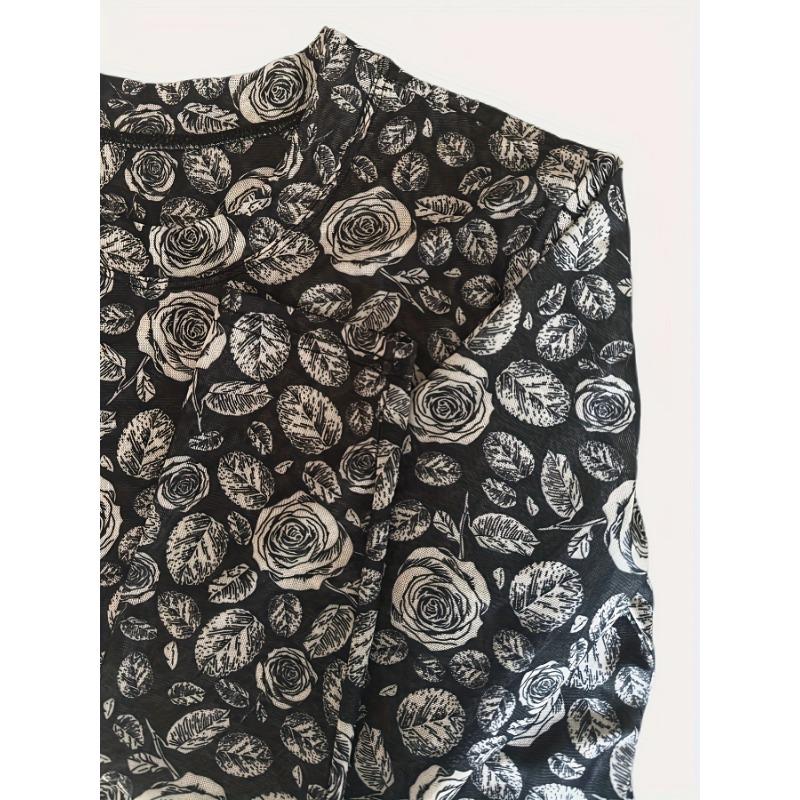Women's Elegant Allover Floral Print Crew Neck T-Shirt Semi Sheer High Elasticity Short Sleeve Top  Breathable Machinet for Spring & Summer