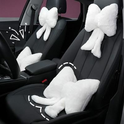 Plush Bow Car Headrest Pillow Lumbar Support Pillow Soft Comfortable Waist Pillow Elastic Bands Car Seat Back Cushion
