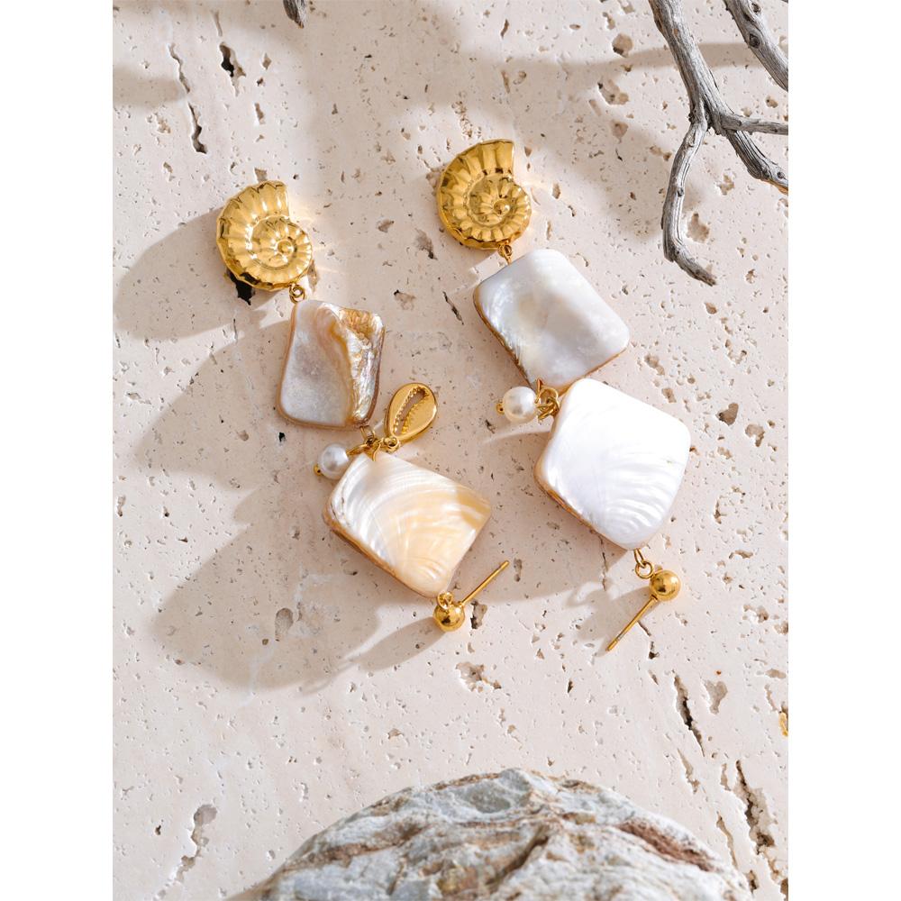 Eetit Ocean Series Square Shell Conch Drop Earrings Summer Holiday Golden Stainless Steel Jewelry Waterproof Recommend New
