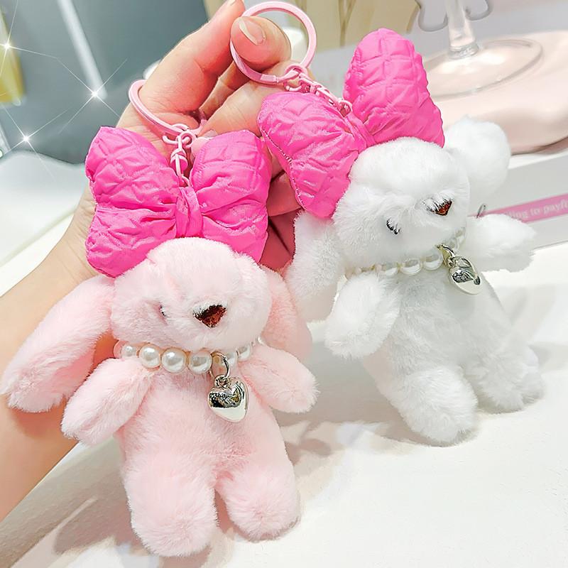 Pearl Bow Necklace Rabbit Plush Key Chain Bag Pendant Toy Doll Cute Gift Kids