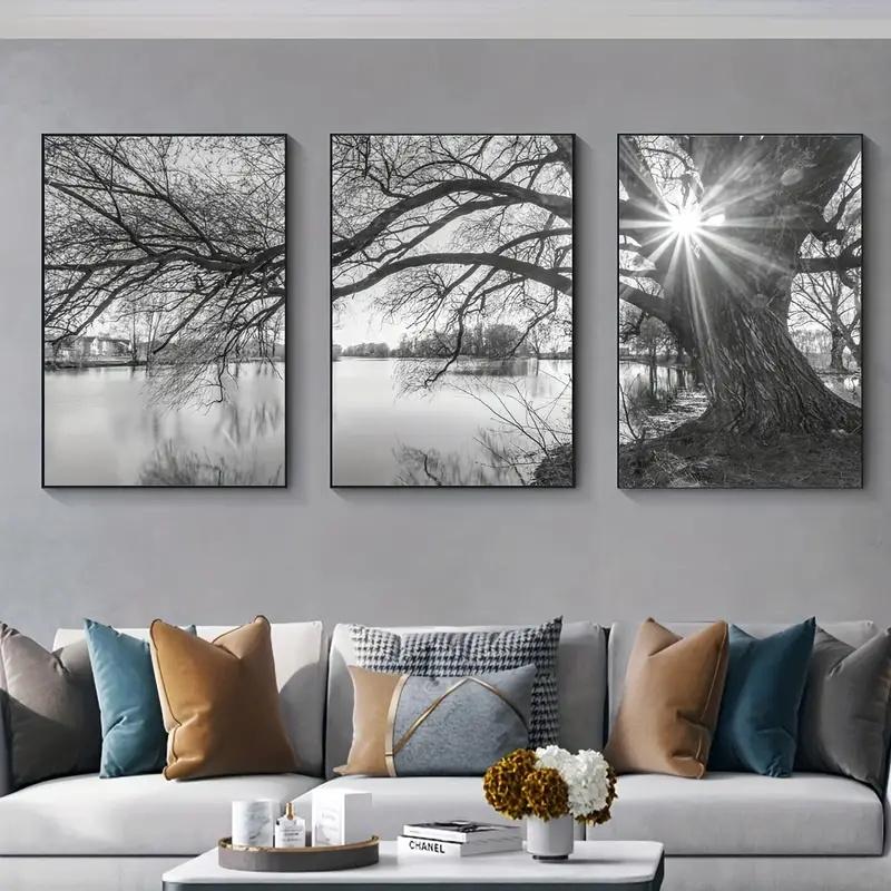 3pcs Poster Stunning Big Tree Lake Sunset Landscape Canvas Painting for Living Room Bedroom and Study Decoration Wall Posters