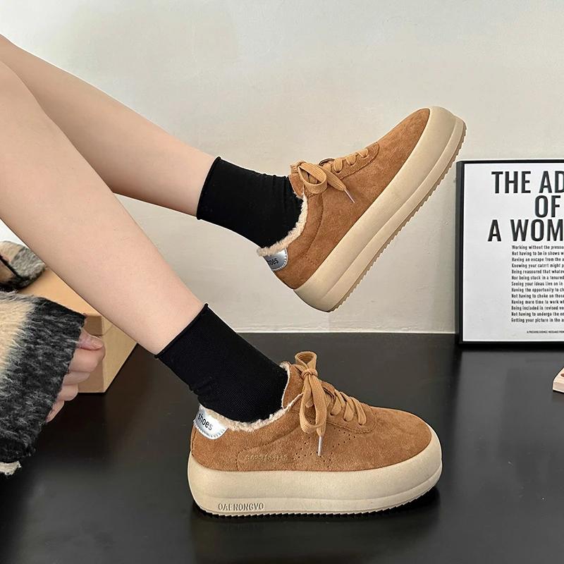 Winter New Thick Soled Cotton Shoes Women's Fashion Suede Front Lacing Anti-slip Wear-resistant Low-top Shoes