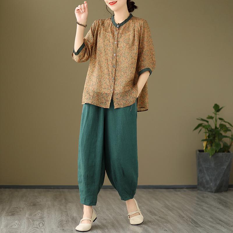 2026 Korean-Style Plus Size Slimming Retro Print Cotton-Linen Two-Piece Summer Set for Women