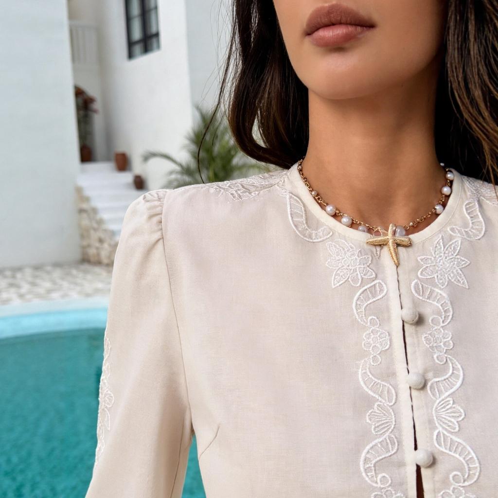 Cross-border Special Rice Apricot Embroidered Lace Short Horn Sleeve Shirt, European and American Foreign Trade Women's Holiday Cardigan