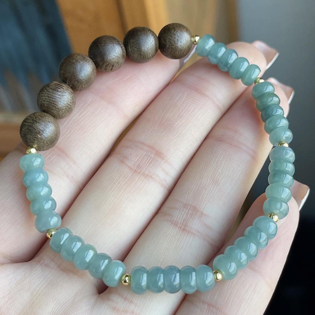 Natural A-Grade Jade Blue Water Abacus Bead Bracelet with 925 Sterling Silver Gold-Plated Auspicious Charm and Honey Wax Beads, Chinese Style.