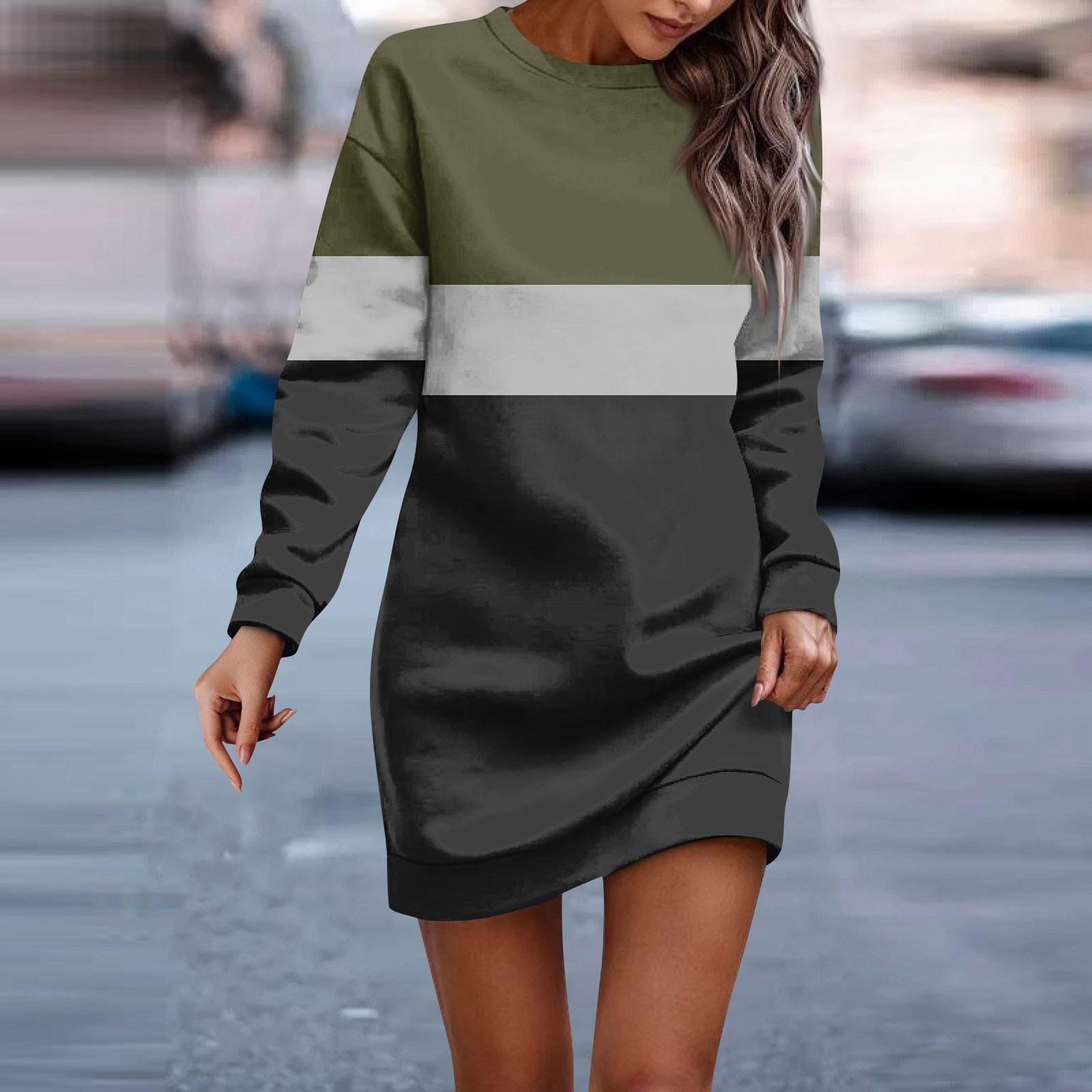 Women s Round Neck Striped Patchwork Printed Long Sleeve Hip Dress Sweatshirt Dresses L армия зеленый