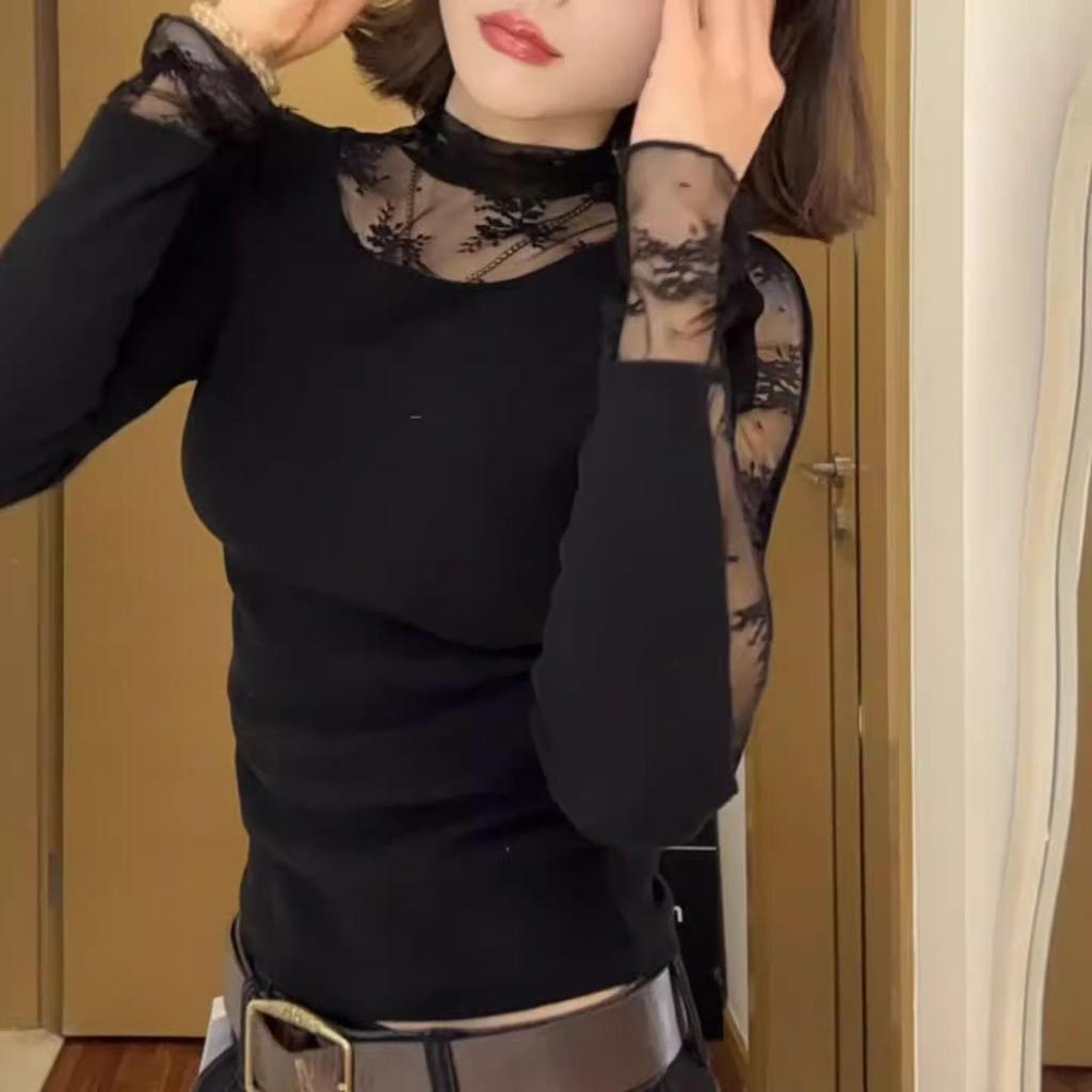 Women's Gray Lace Patchwork High Neck Long Sleeve T-shirt – Stylish Winter 2026 Base Layer