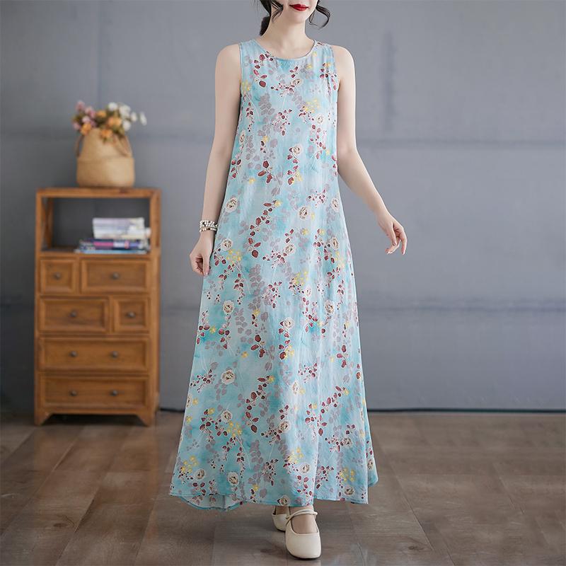 

DIMANAF 2025 Women Linen Summer Flower print Dress Casual Ladies Basic Long Dress 8086 2XL