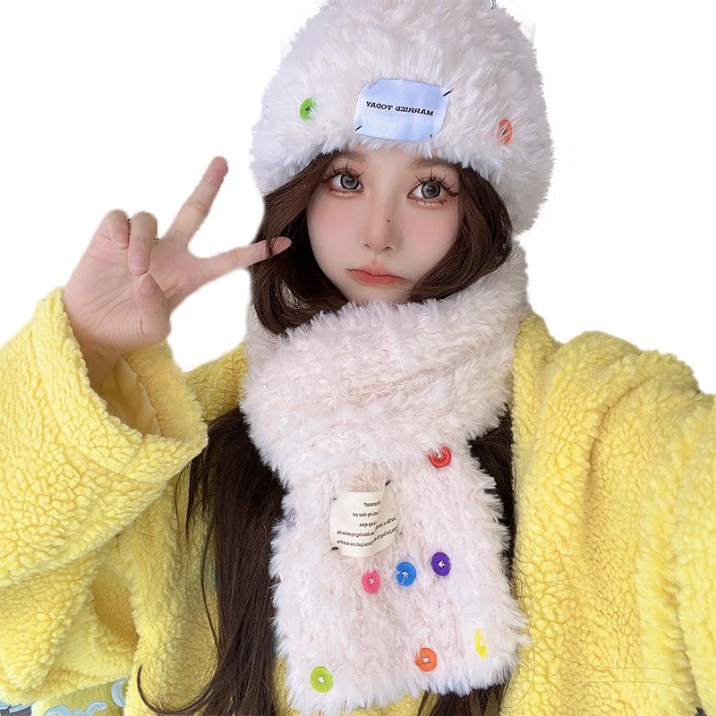 Wool Hat Color Button Fluffy Warm Knitted Hat Cute Fresh Autumn and Winter Versatile Cold Proof Scarf Trendy