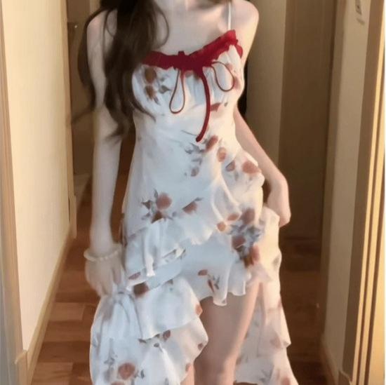 Desire Spice Girl Suspender Floral Dress Women's Summer New Irregular Floral Wrap Waist Suspender Dress